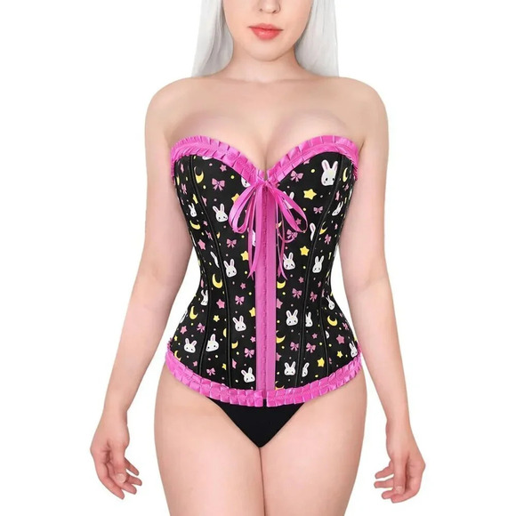 Women's Lace Up Boned Black and Pink Overbust Corset Bustier Bodyshaper Top - Picture 2 of 6